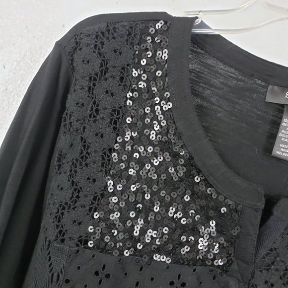 Style & Co Women's 2X Black Henley Style Sequined Lace Crochet Shirt Top Blouse - Picture 3 of 12